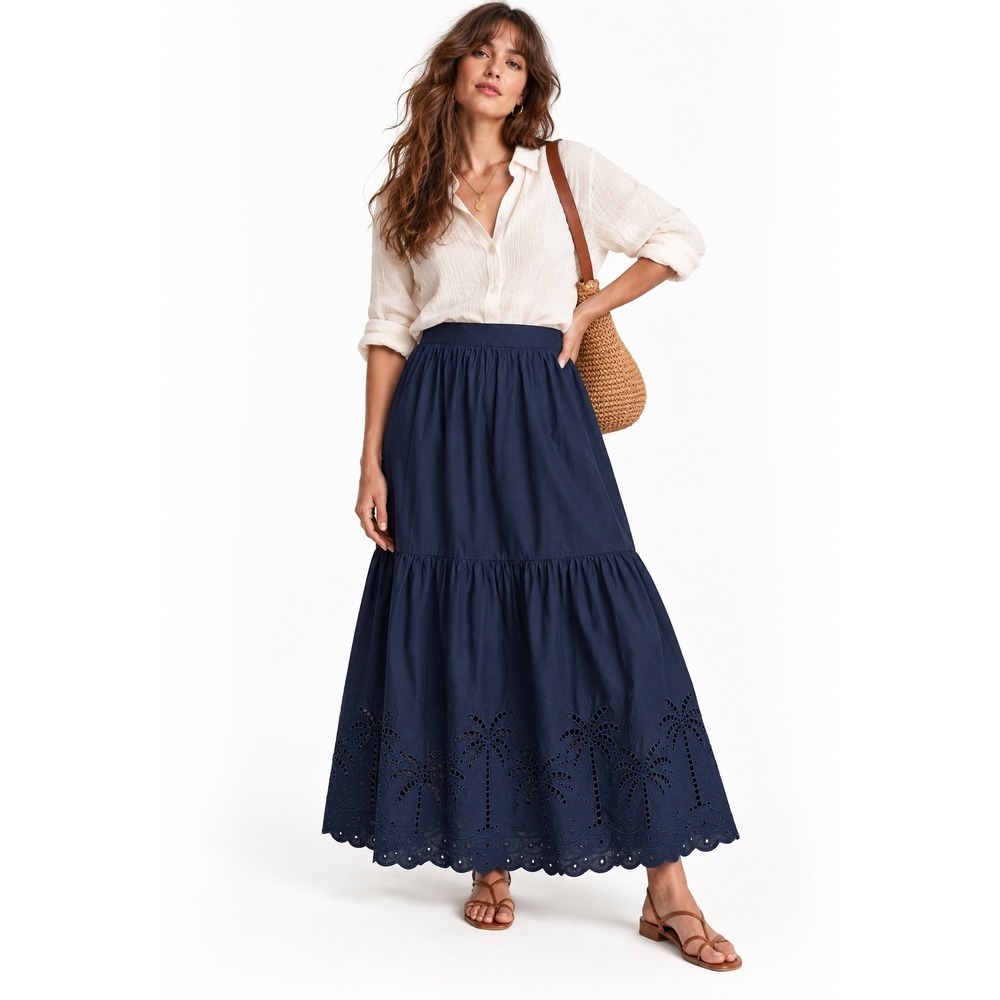 41 Hawthorn Navy Tiered Maxi Skirt 1X Cotton Eyelet Palm Tree Scallop Hem NEW